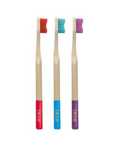 from earth to earth adult medium bristle toothbrushes, shown in red, blue and purple colourways