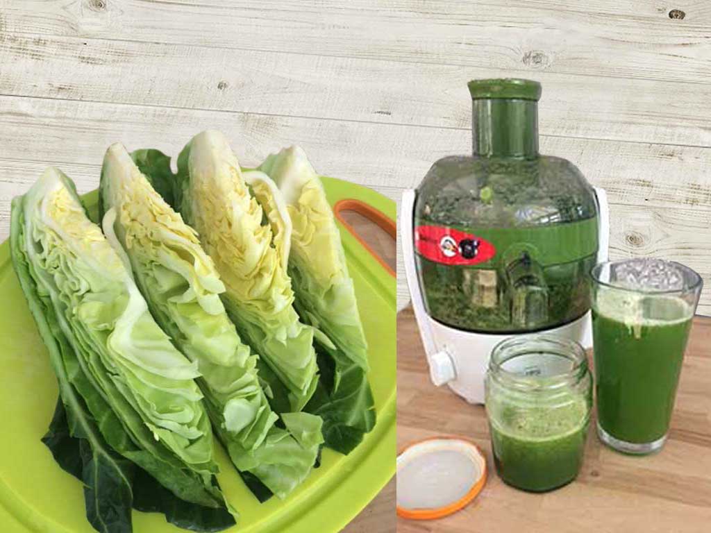Fresh cabbage sliced into chunks for juicing