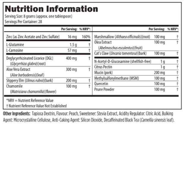 Nutrition table for Designs for Health GI Revive Powder, as seen on back of label.