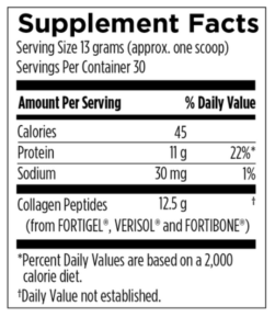 Ingredients label for Designs for Health Whole Body Collagen, serving size 13 grams (approx. one scoop), 30 servings per container. 45cal, 11g protein and 30mg sodium per serving. 12.5g collagen peptides per serving.